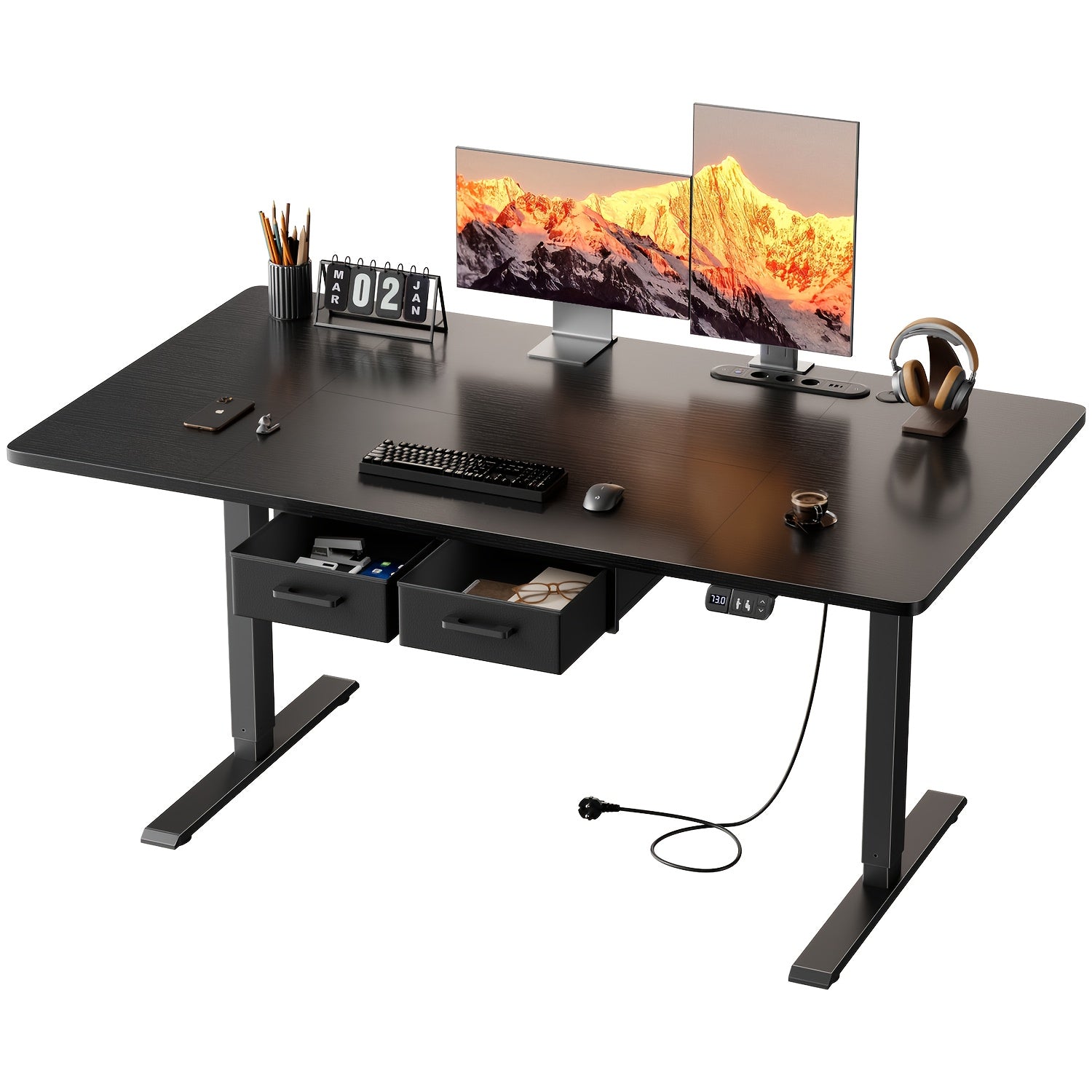 Furnishia Escritorio Eléctrico Elevable con Tomas de Corriente, Escritorio Inteligente con Panel de Memoria y Altura Ajustable con 2 Cajones, Escritorio para Oficina y Estación de Trabajo para Escritura