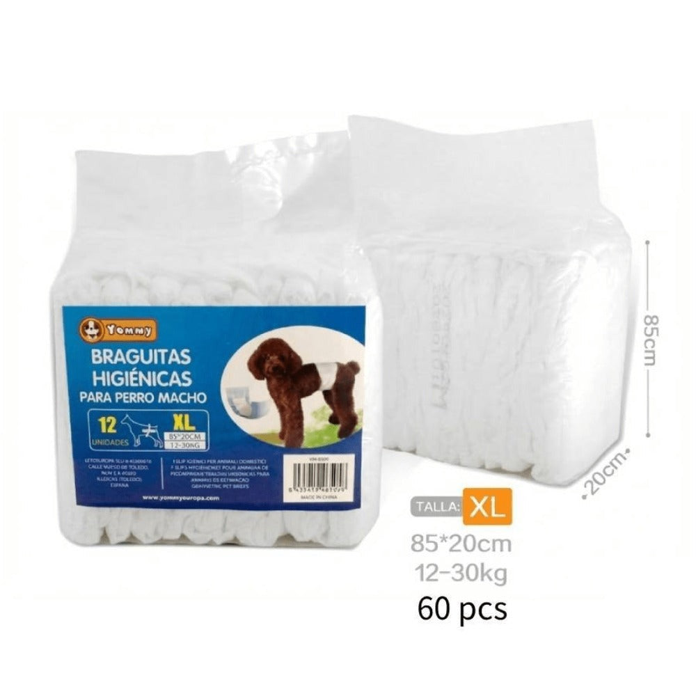 Pañales para mascotas (60 unidades) | Pañal para perros machos | Suaves y cómodos | Transpirables | Apto para perros pequeños, medianos y grandes | Para uso doméstico o de viaje | Tallas XS, S, M, L, XL | 60 unidades por paquete
