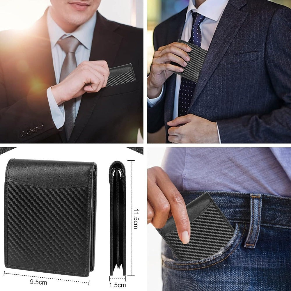 Cartera para Hombre, Cartera de Cuero Bifold con Bloqueo RFID, Cartera Delgada con Ventana para Identificación, Bolsillo con Cremallera para Monedas, 9 Ranuras para Tarjetas y 2 Compartimentos para Billetes, Cartera para Hombres con Caja de Regalo,