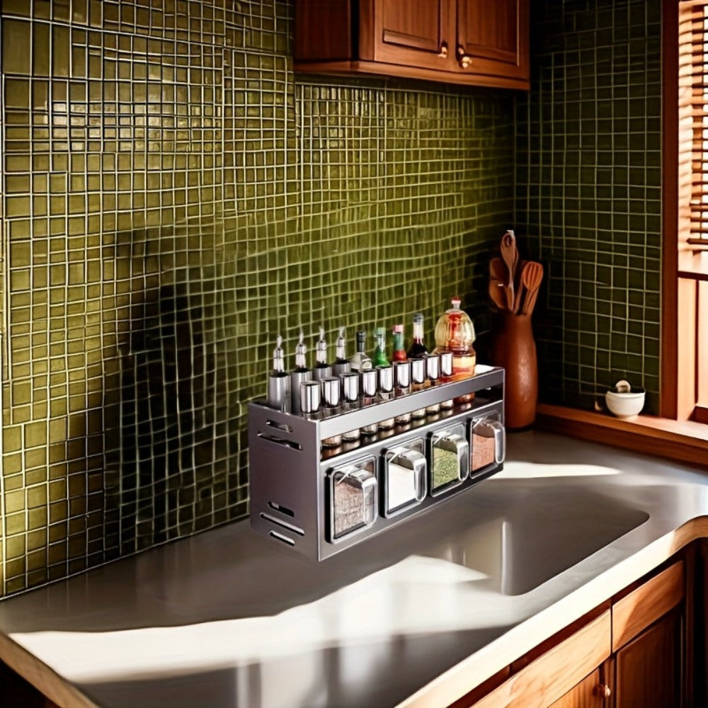 Organizador de especias de pared de 1 pieza con estantes colgantes y frascos para especias - Instalación sin taladro, sistema de almacenamiento de cocina de acero inoxidable que ahorra espacio, adecuado para especias, hierbas, aceites, salsas, organizació