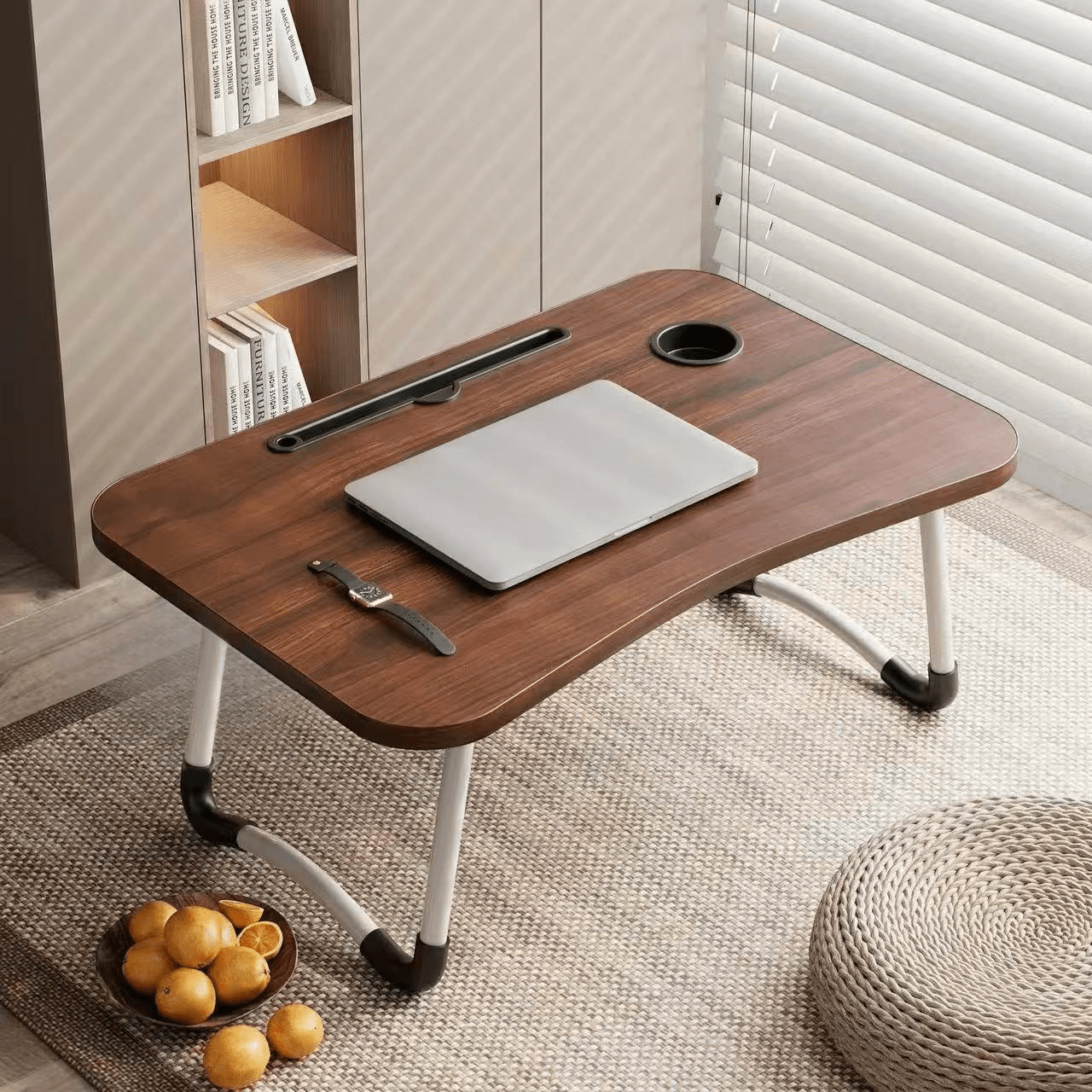 Mesa plegable multifunción para cama y sofá con portavasos, 60×40×28 cm, mesa auxiliar con atril para leer en la cama, bandeja multifunción para ordenador, libros, trabajo y estudio en casa (con cajón / sin cajón)