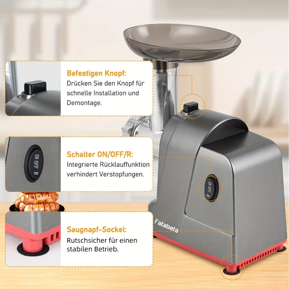 Picadora de carne eléctrica 3 en 1, con accesorios para hacer salchichas y albóndigas - Motor de 350W 100% cobre puro, 3 placas de acero inoxidable (4/6/15mm), montaje con un botón, interruptor de marcha atrás, base antideslizante para cocina doméstica y