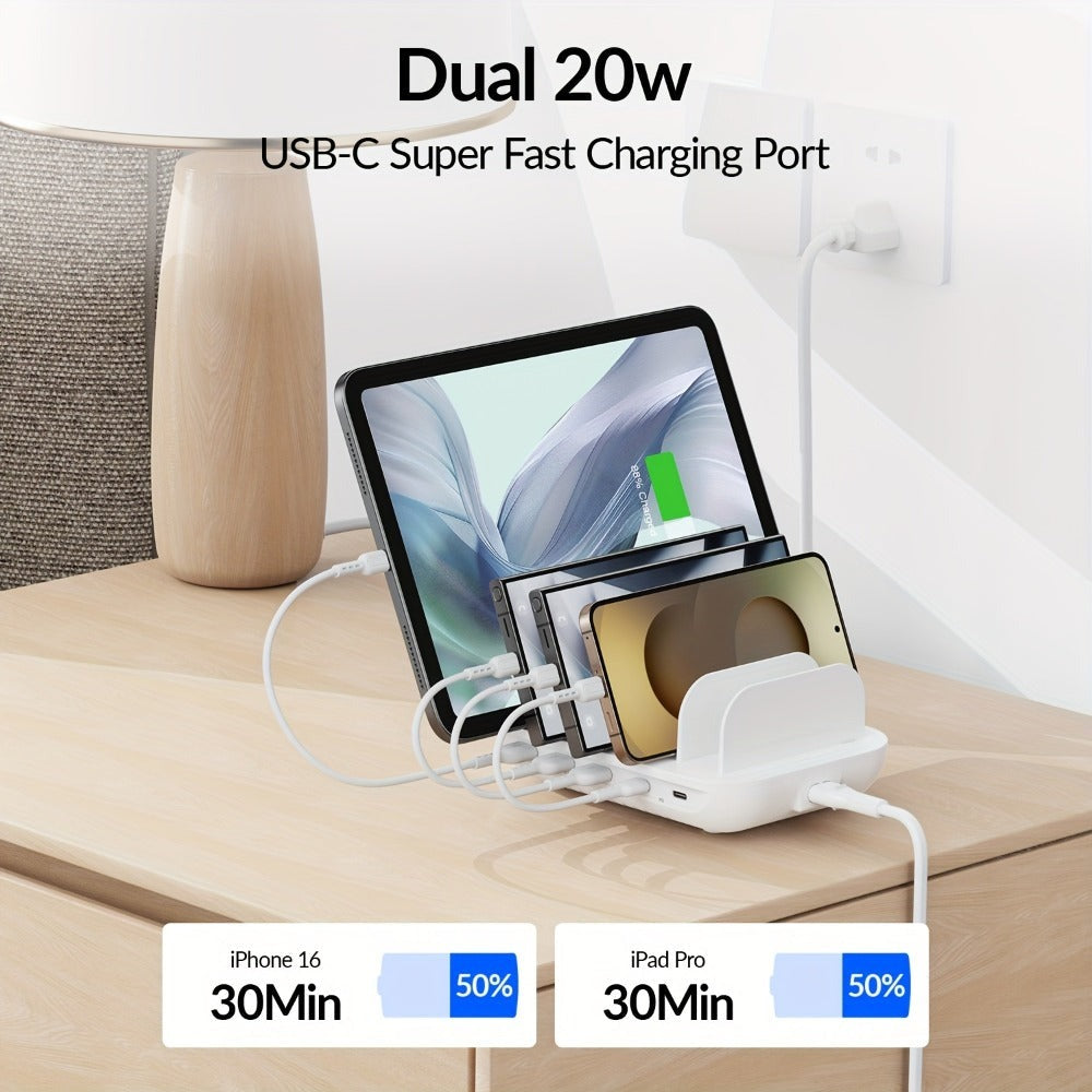 Soopii Hub de Carga Multi-Dispositivo de 5 Puertos, con 2 Puertos PD de 20W para Carga Rápida y 3 Puertos USB Compatibles con iPhones, iPhone 17, Smartphones, Tablets y Más. Incluye un Organizador de Cables, Perfecto para Regalos de Navidad. (Cables No In