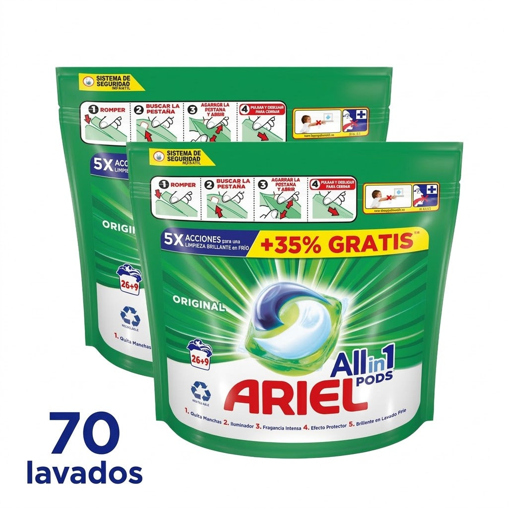 Ariel All-in-1 Pods Detergente Líquido – Pack de 2 De 26+9 (Total 70 Cápsulas) | Limpieza Profunda, Fácil Dosificación, Para Lavadora