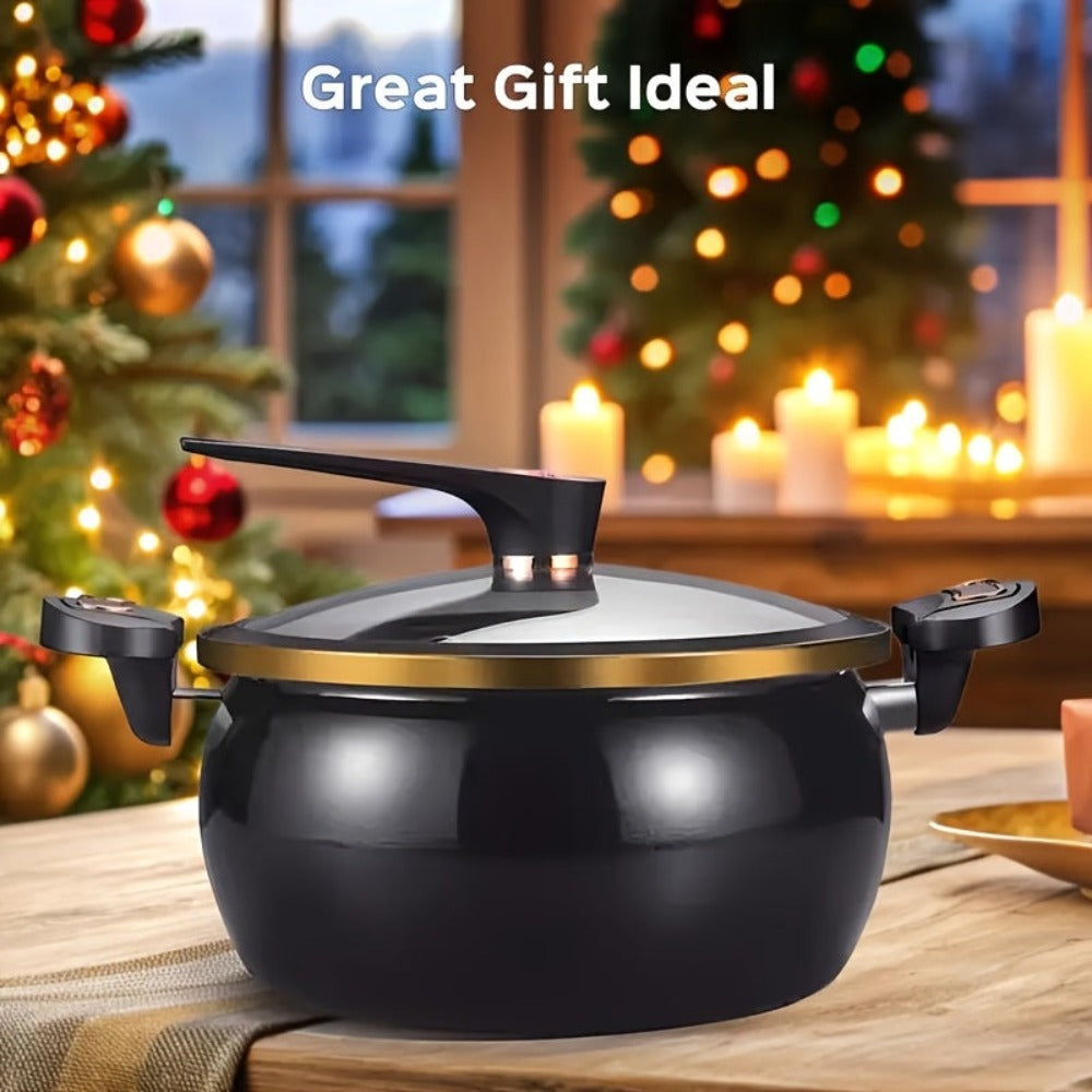 Olla Grande de 28 cm con Tapa de Cierre - Olla Versátil para Sopas y Estofados Rápidos, Compatible con Estufas de Gas, Diseño Elegante en Negro y Dorado, Tapa de Vidrio, Opciones Multicolor de Moda - Regalo Ideal para el Hogar