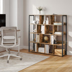 Estantería de Oficina, Estante de Almacenamiento, Estante de 4 Niveles, Estantería de 14 Compartimentos, Adecuada para Oficinas, Estudios y Salas de Estar, 120x30x120 cm, Color Madera Quemada/Veta de Madera Clara + Blanco