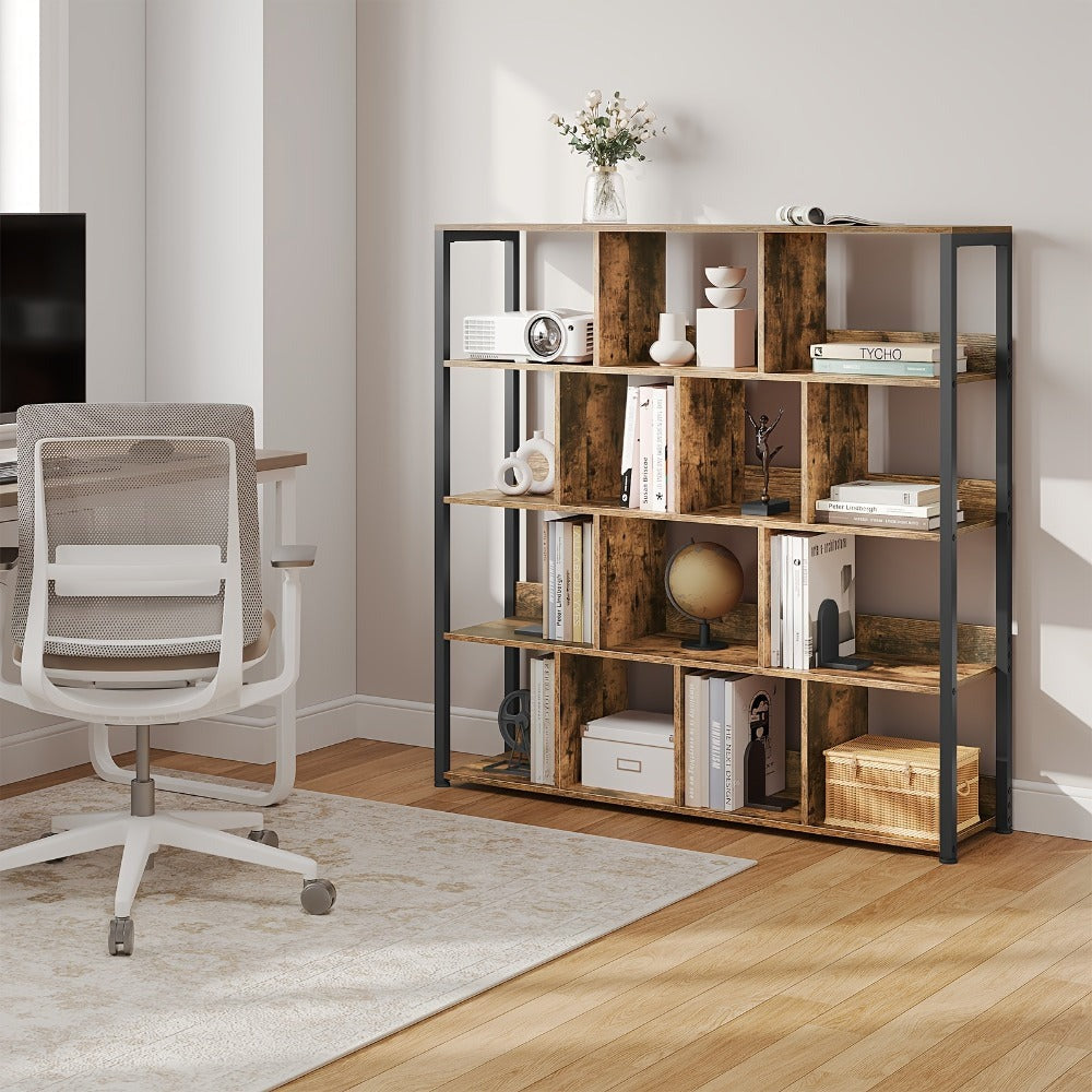 Estantería de Oficina, Estante de Almacenamiento, Estante de 4 Niveles, Estantería de 14 Compartimentos, Adecuada para Oficinas, Estudios y Salas de Estar, 120x30x120 cm, Color Madera Quemada/Veta de Madera Clara + Blanco