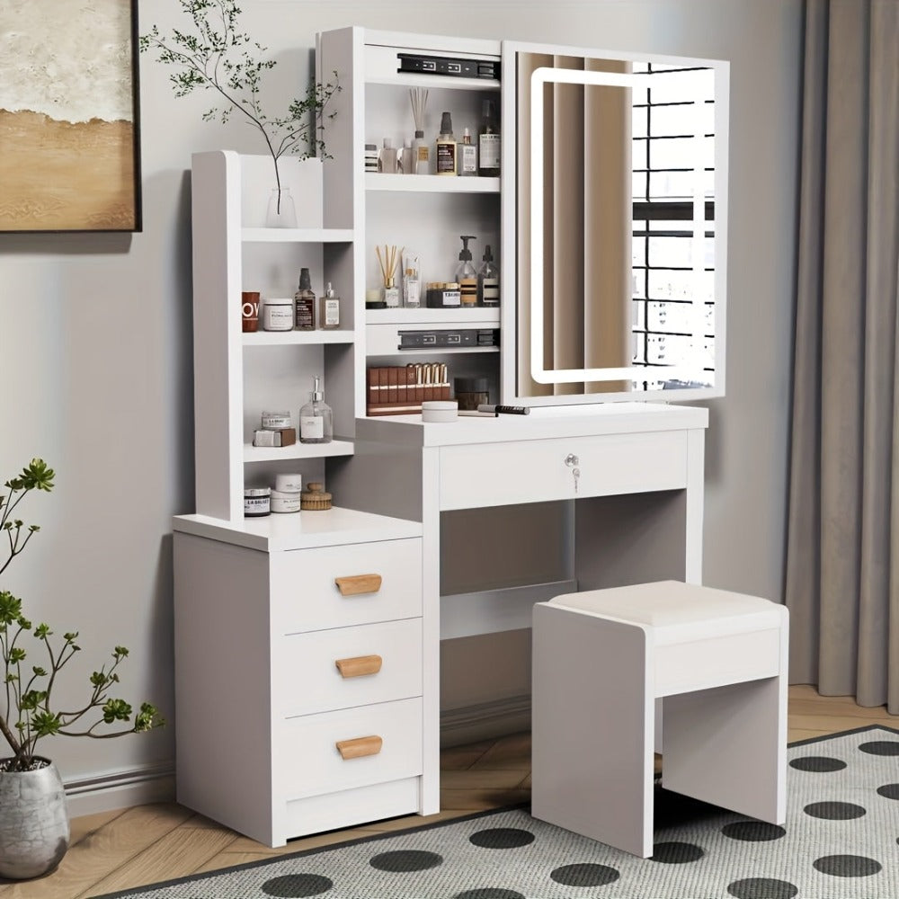 Tocador con espejo de iluminación LED y taburete, 3 modos de iluminación con brillo ajustable, mesa de maquillaje con 4 cajones y 3 estantes de almacenamiento, blanco moderno