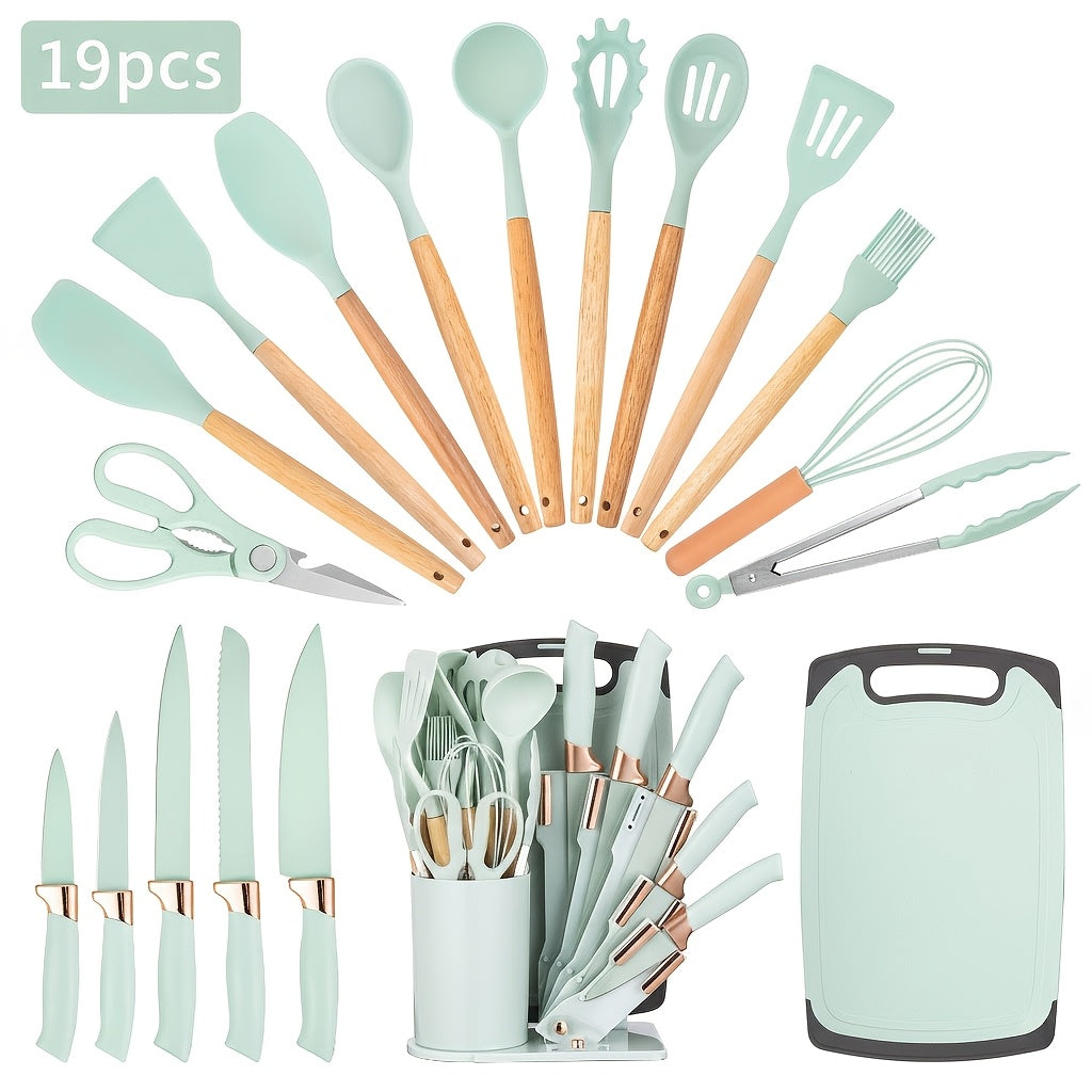Juego de 19 Piezas de Cuchillos de Cocina con Bloque de Ventilación en Varios Colores. Incluye Cuchillo de Chef, Cuchillo de Carnicería, Cuchillo para Pan, Cuchillo Multiusos, Cuchillo para Frutas y Herramientas de Cocina. Hojas de Acero Inoxidable Premiu