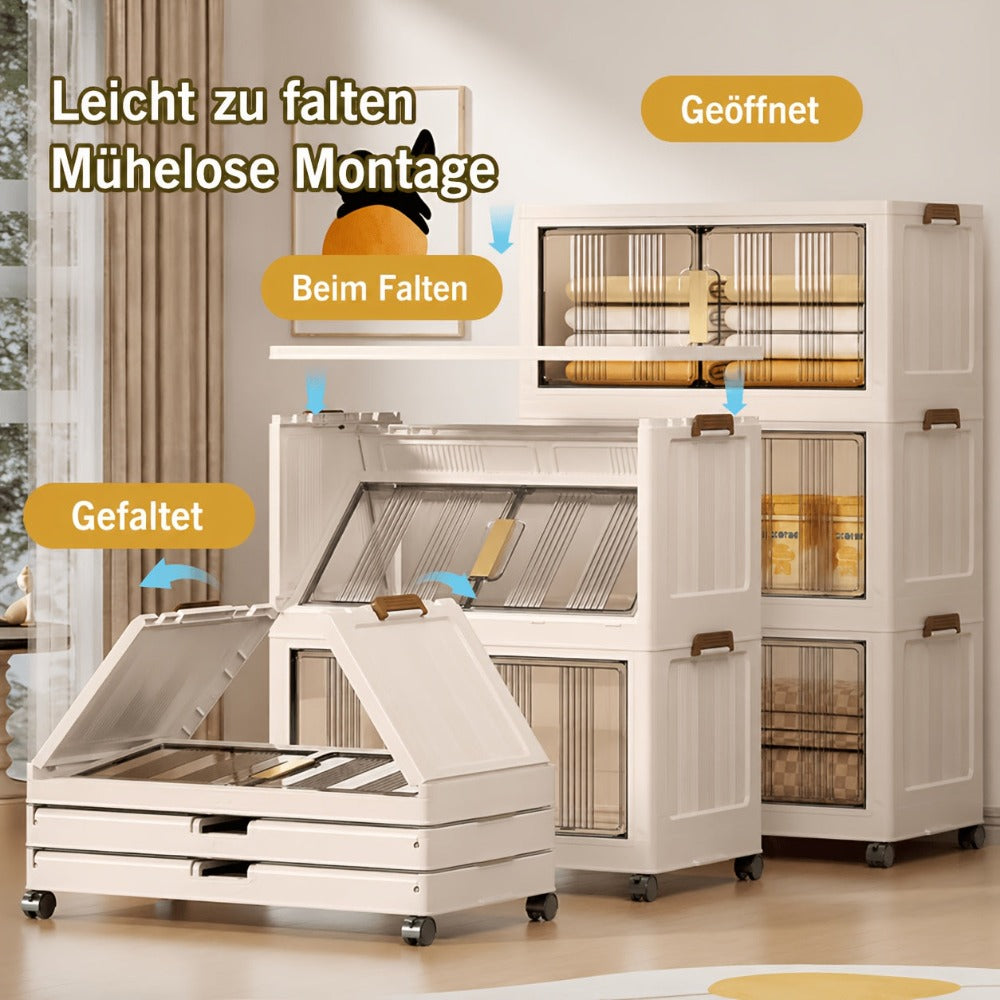Armario de almacenamiento plegable extragrande de 74 cm con ruedas, puertas magnéticas y paneles transparentes, unidad organizadora de plástico apilable para dormitorio, sala de estar, oficina, despensa y documentos