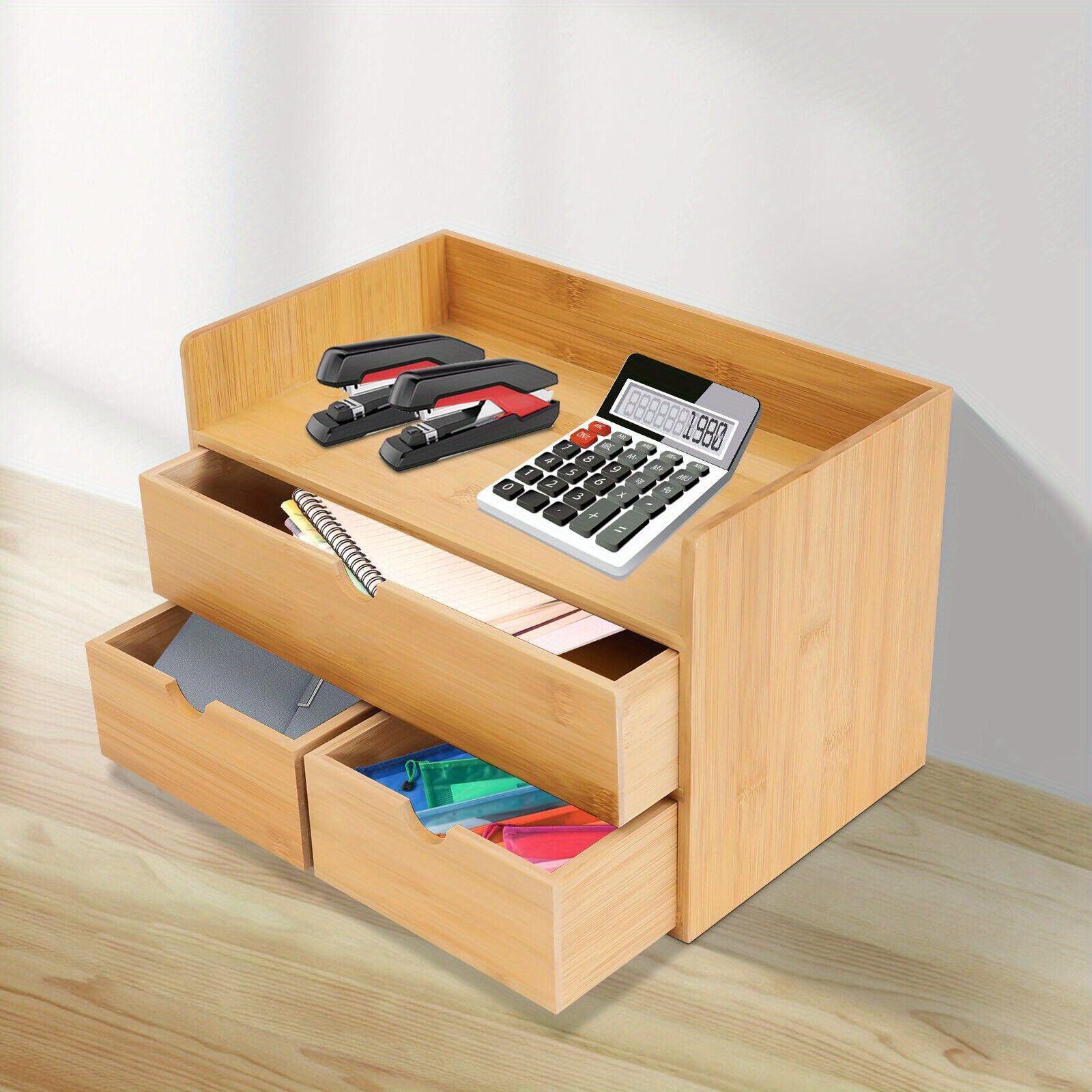 Organizador de escritorio, Organizador de escritorio de bambú con cajón, Caja de escritorio de bambú, Adecuado para guardar diversas cosas de necesidades diarias en habitaciones, oficinas, etc. (3 cajones)
