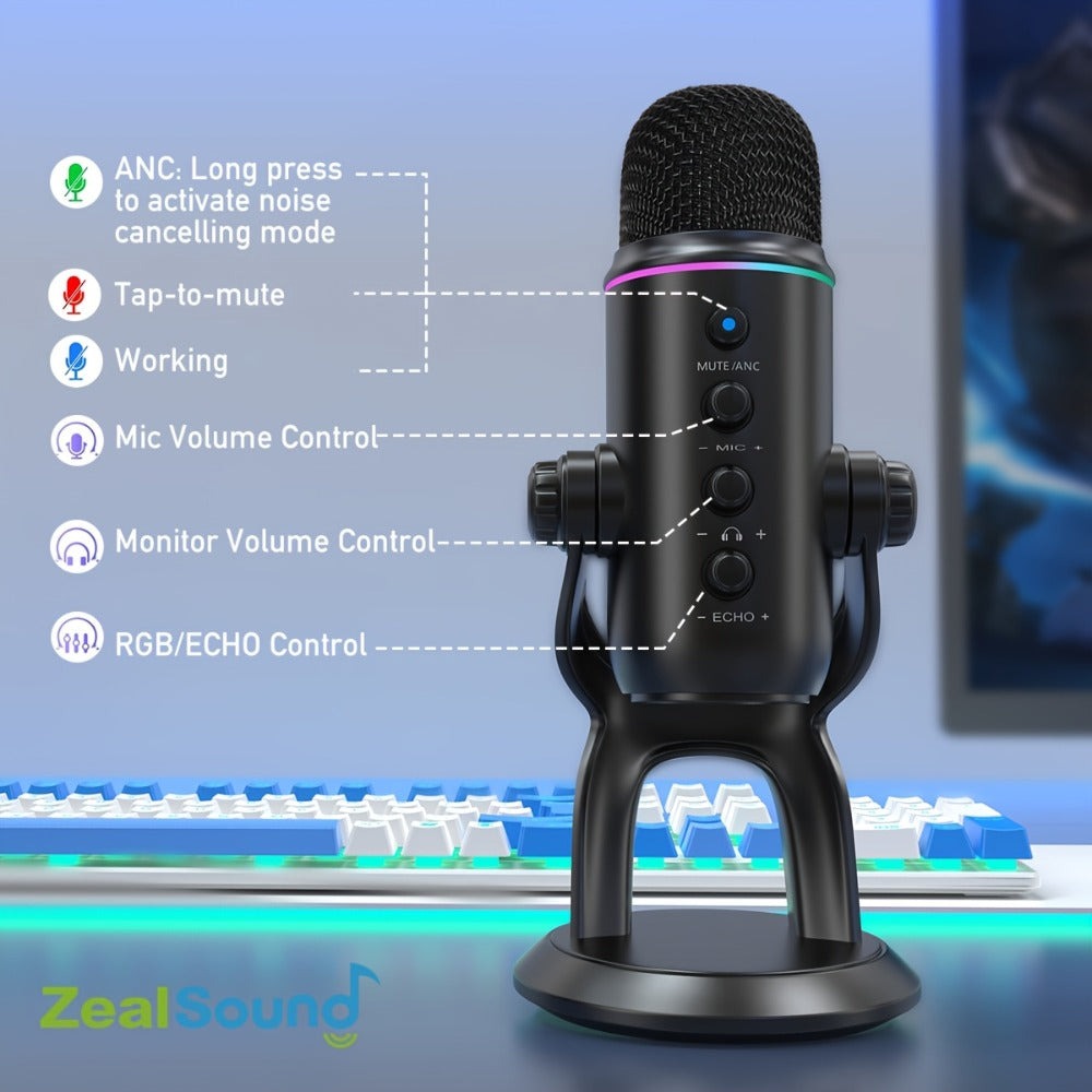 Micrófono Gaming Condensador USB Zealsound, Mic RGB Plug and Play con Reducción de Ruido, Control de Ganancia Silencio y Reverb, Jack de Monitor de 3.5 mm para PC, Teléfono, Transmisión en Vivo, Grabación de Podcast