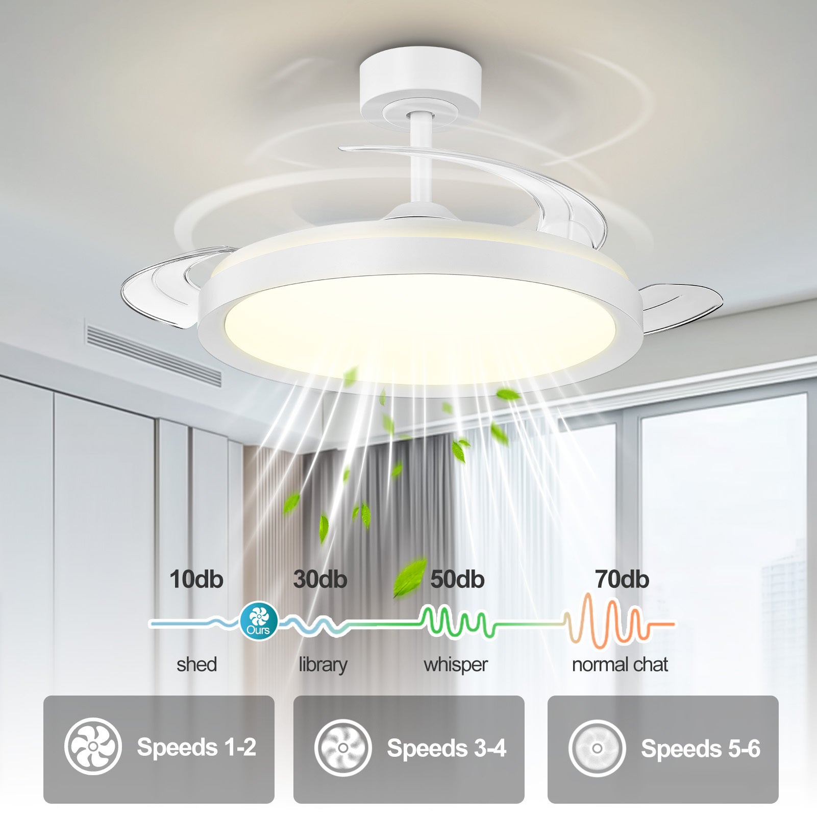 Ventilador de techo retráctil con luz para dormitorio salón y comedor | control remoto