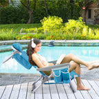 Silla de playa plegable, ligera, silla de camping con respaldo ajustable, reposacabezas, bolsillos laterales, correas para los hombros, soporte para toalla y reposabrazos, silla plegable, silla para exteriores (Azul)