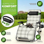 Tillvex® Tumbona Reclinable Plegable hasta 200Kg, Sillón de Sol para Jardín Exterior, Resistente a la Intemperie para Balcón, Jardín y Terraza, Ajustable con Acolchado Grueso, Reclinable, Extra Ancha, con Soporte para Bebidas