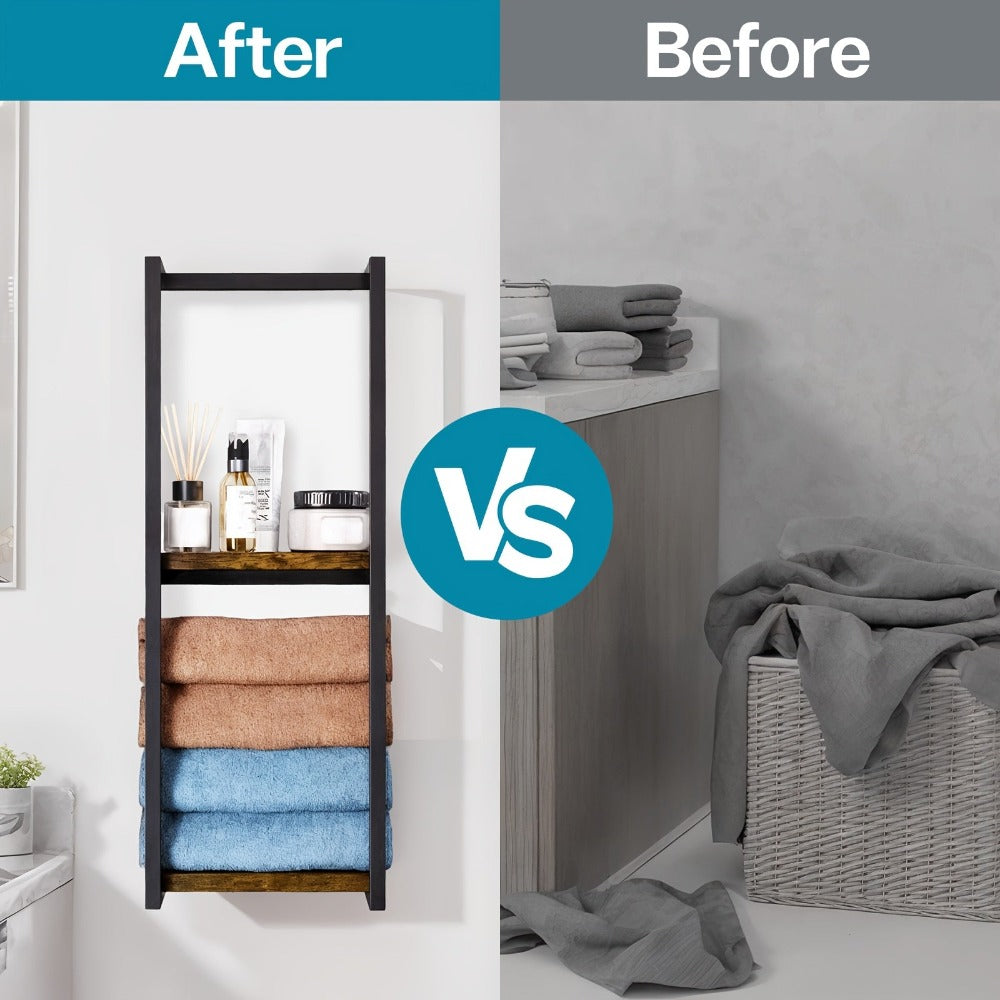 Estante de baño de pared de diseñador - Estante de almacenamiento de madera estilo rústico francés con estantes de madera duradera y estructura de acero, organizador de pared para toallas y artículos de aseo apto para baños modernos, spas, suites principa