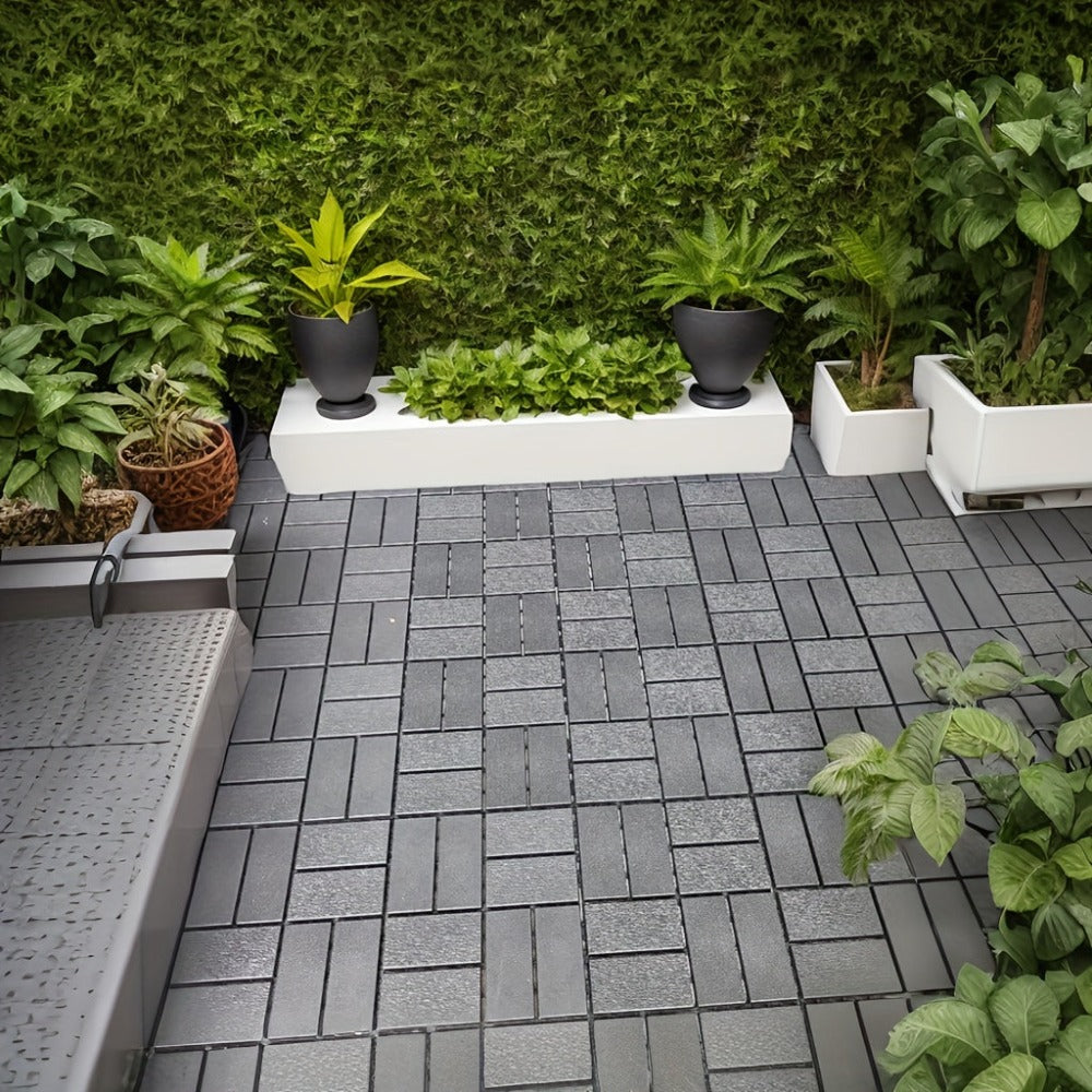 Paquete de 27/44 baldosas de plástico entrelazadas para terraza, adecuadas para piscina, balcón, patio trasero, porche, pavimentos impermeables para patio exterior con sistema de enclavamiento, instalación a presión, baldosas para terraza de bajo mantenim