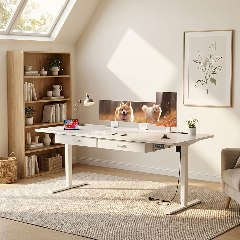 Furnishia Escritorio Eléctrico Elevable con Tomas de Corriente, Escritorio Inteligente con Panel de Memoria y Altura Ajustable con 2 Cajones, Escritorio para Oficina y Estación de Trabajo para Escritura