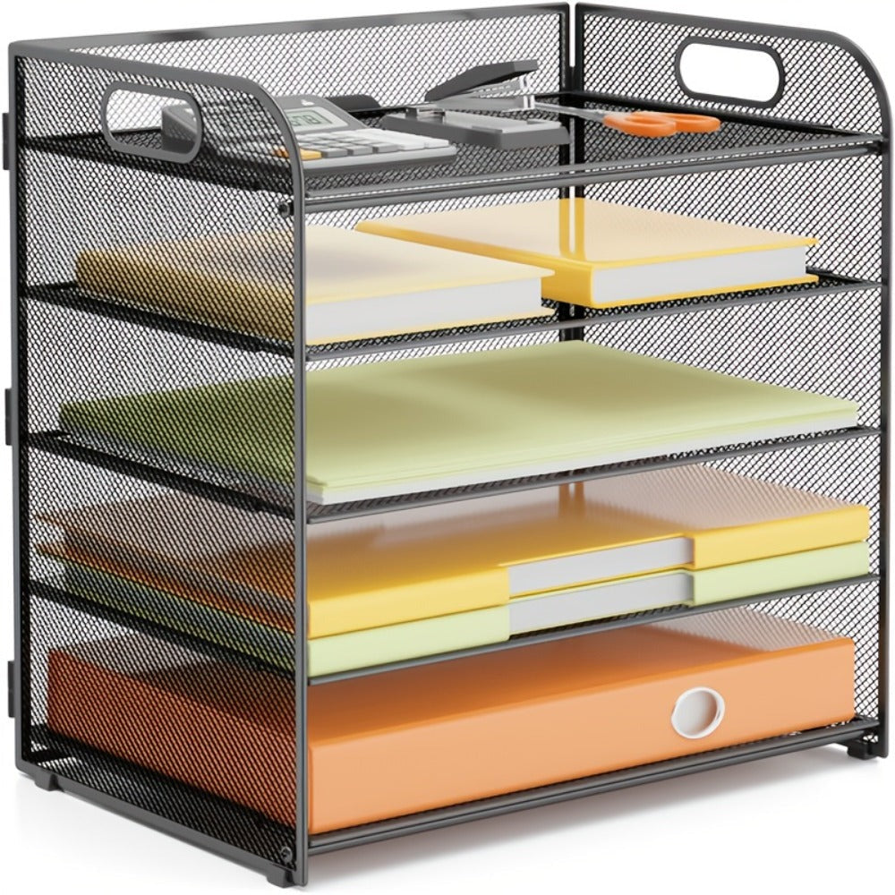 Organizador de escritorio de malla, bandeja de letras de 5 niveles, organizador de archivos apilable de malla, organizador de archivos de escritorio A4 para oficina en casa (Negro)