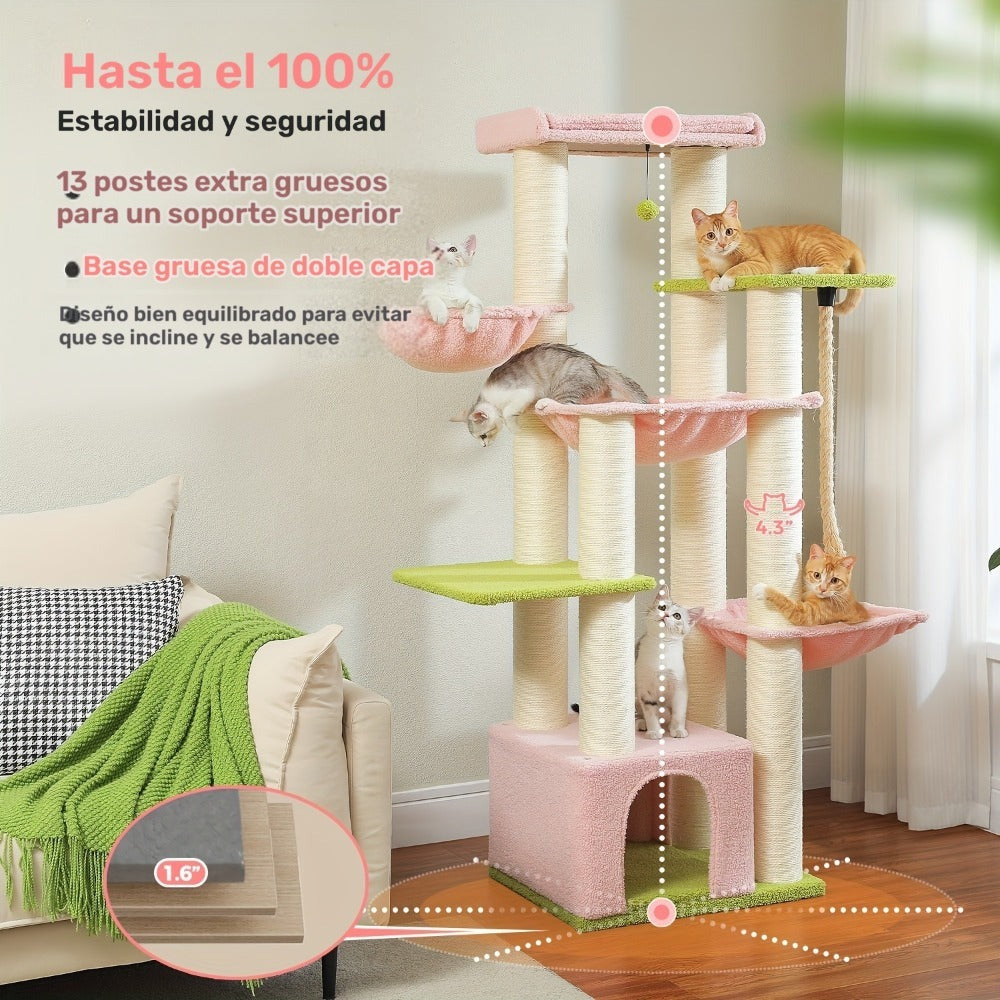 Árbol para Gatos Grande - Torre para Gatos de 170 cm de Altura para Gatos Adultos de Interior con 13 Postes de Rascado Negros Gruesos (10.9 cm), Condominio para Gatos de Múltiples Niveles, Plataforma Súper Grande y Hamacas para Maine Coon de 9 kg