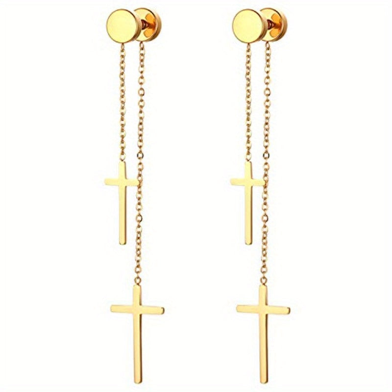 Jewelrywe Hombres Mujeres Aretes Acero Inoxidable con Doble Cruz Cadena Colgante Falso Tuerca Aretes Túnel Colgantes de Oreja para Piercing, Negro Dorado Plateado