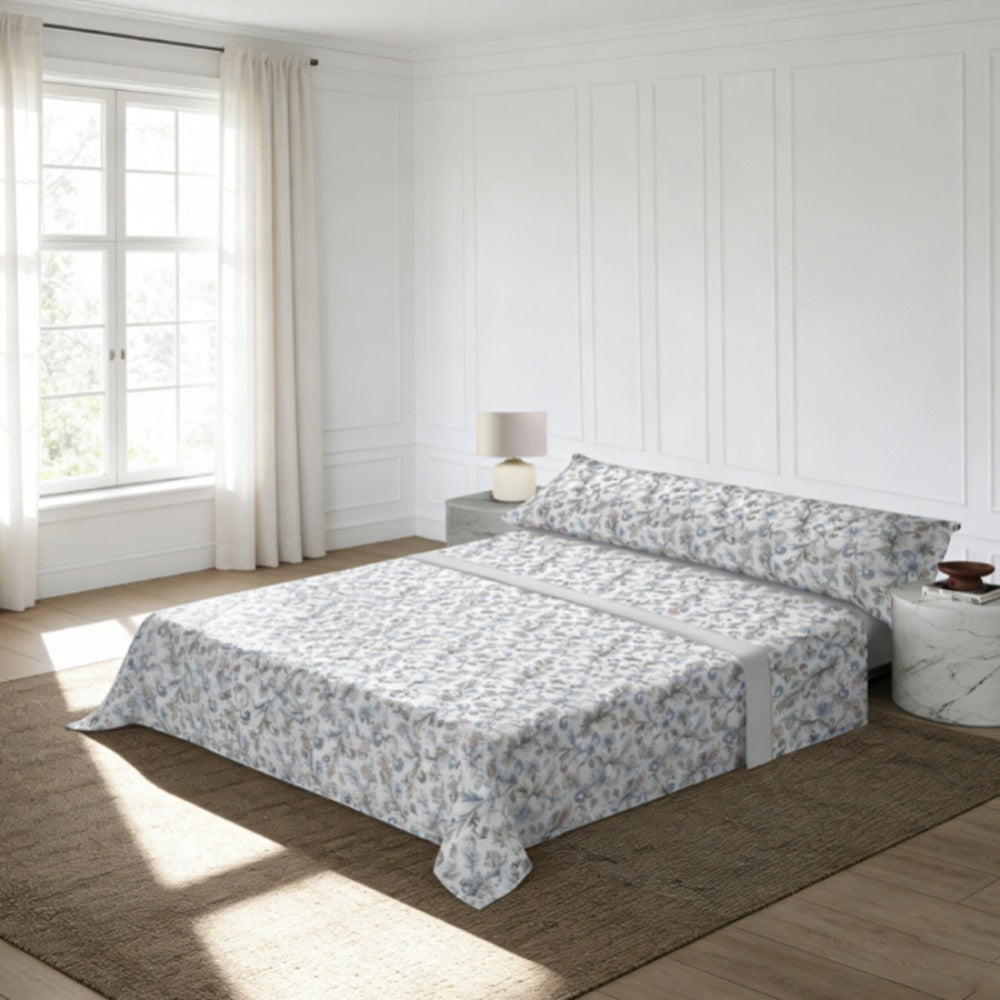 Juego de cama de tres piezas apto para todas las estaciones, que incluye una sábana, una sábana ajustable y fundas de almohada. Medidas: 90 cm, 105 cm, 135 cm, 150 cm y 180 cm.