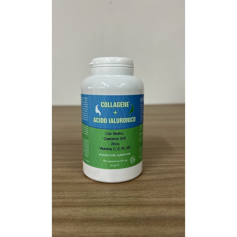 Suplemento de colágeno y ácido hialurónico, 180 cápsulas, con biotina, coenzima Q10, zinc, vitamina C, vitamina E, vitamina B1 y B6 - Hecho en Italia