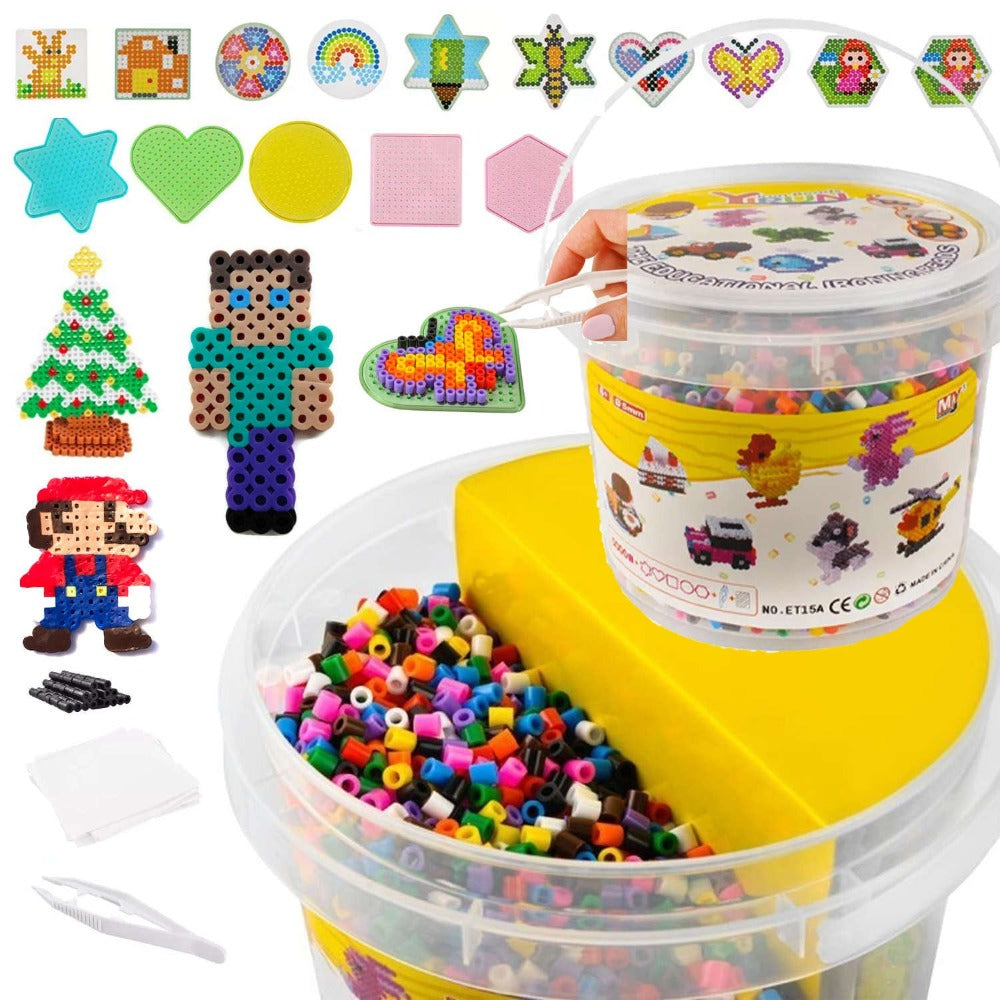 Set Creativo para Proyectos Térmicos para Adultos 5000 Perlas 5 Mm | Set de Plantillas de Formas + 10 Soportes + Pinzas + Papel para Moldear | Cubo Grande para Organización | Ideal para Decoración DIY, Manualidades, Creación de Adornos, Joyería y Proyecto
