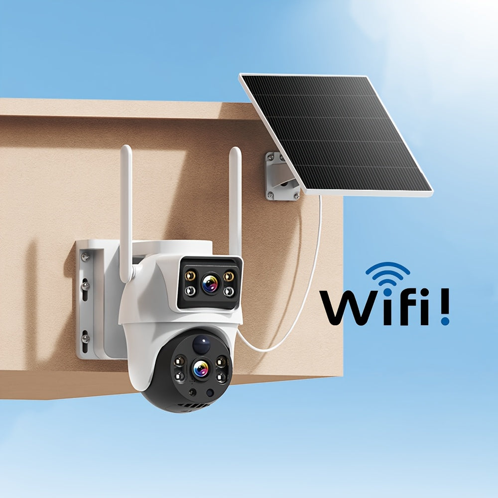 Cámara de doble lente de 8MP con Wifi y energía solar, seguimiento de movimiento, detección humana, audio bidireccional, visión nocturna a todo color, para seguridad en el hogar