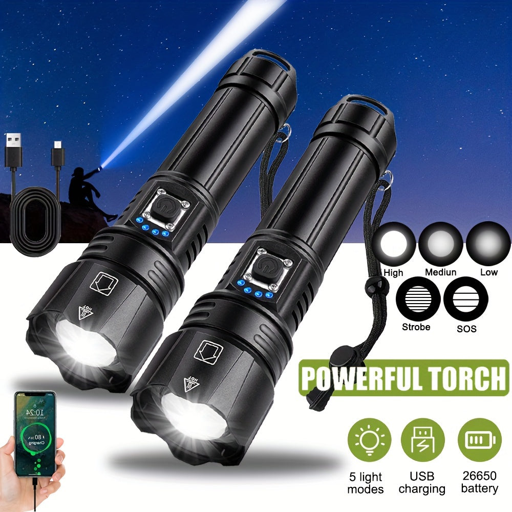 2 linternas tácticas recargables de alta luminosidad, 5 modos de iluminación, linterna con pantalla de energía, linterna LED portátil con zoom para camping, senderismo, emergencias domésticas, iluminación de negocios