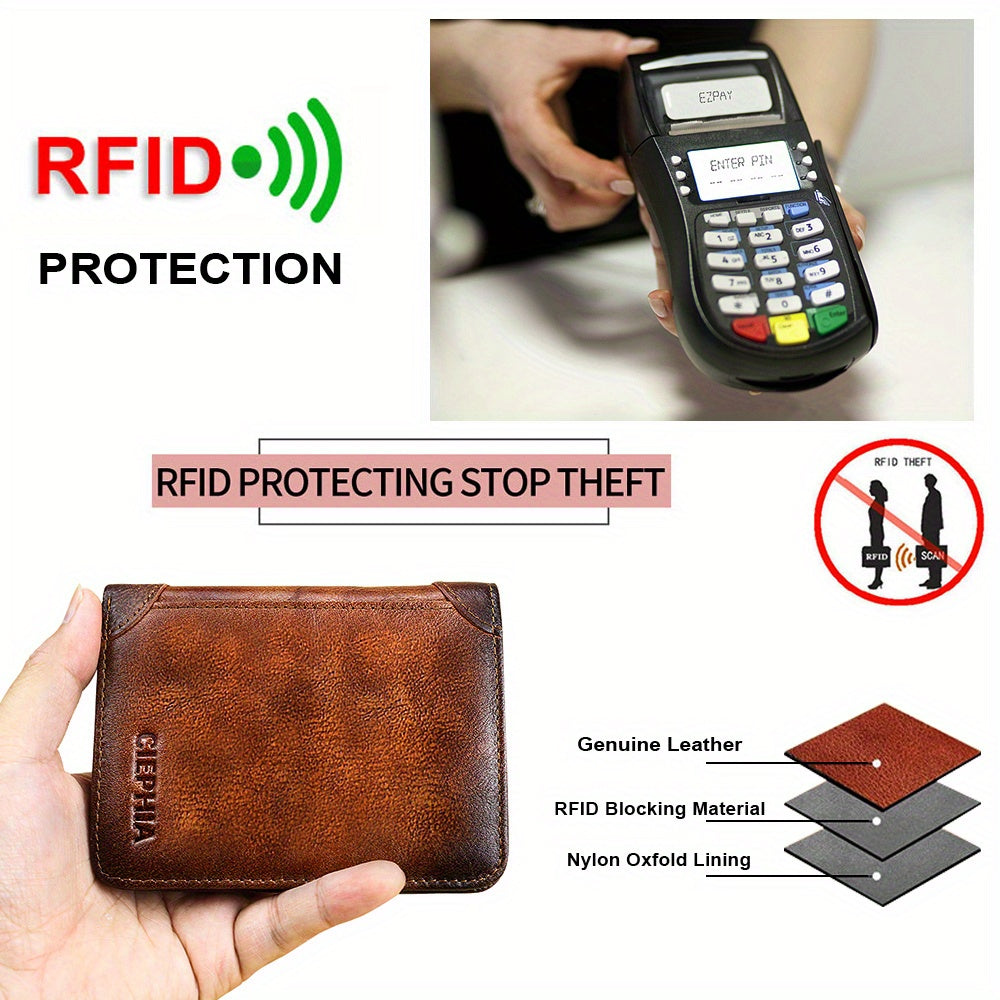 Cartera de Cuero Genuino para Hombre con Juego de Tarjetas de Bendición, Bloqueo RFID, Ultra Delgada, Piel de Vaca de Primera Calidad, Porta Tarjetas de Identificación y Crédito Multifuncional Compacto, Regalo para Navidad, Día de San Valentín y Día del P