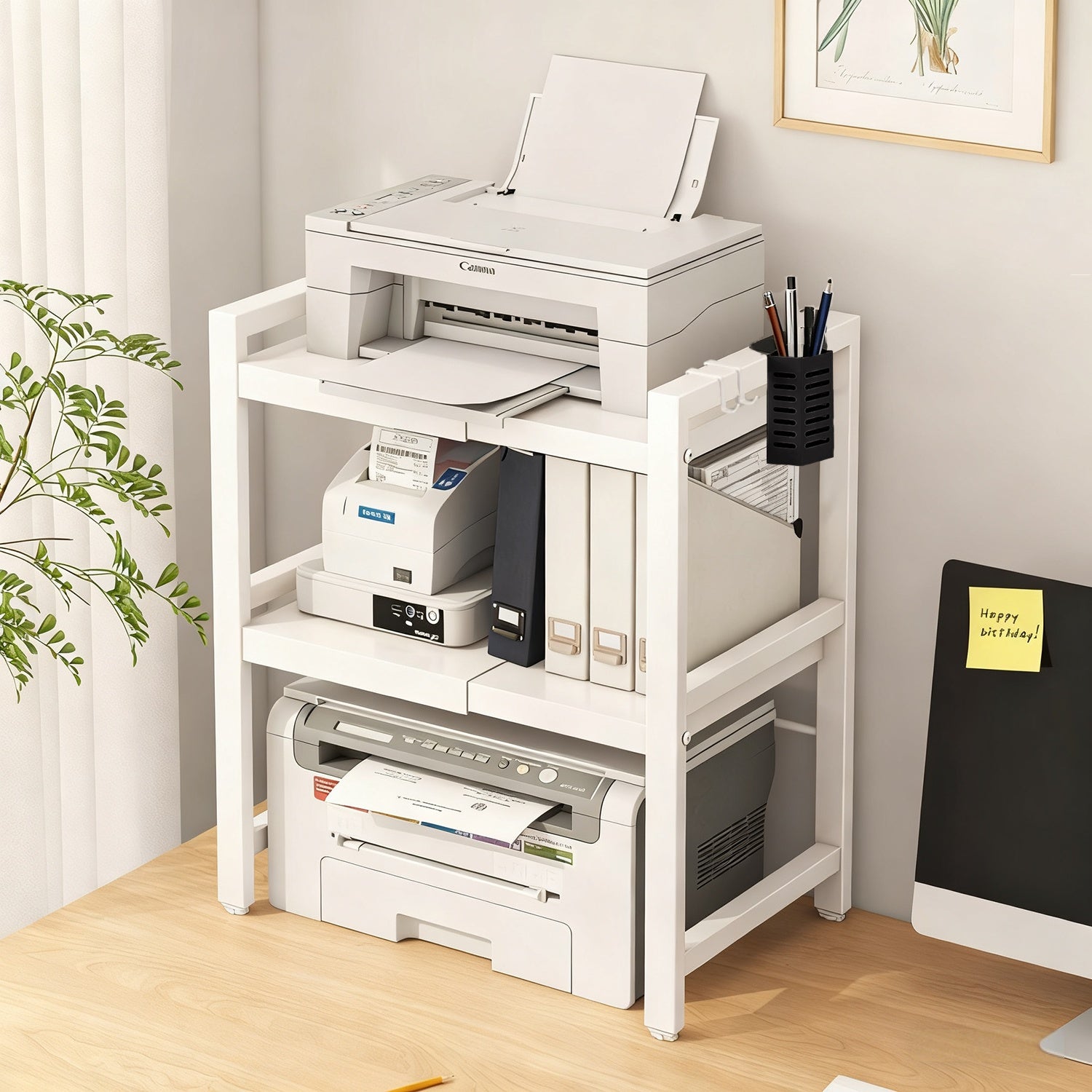 Soporte para impresora de 2/3 niveles con dos ganchos, soporte para bolígrafos, soporte expandible, organizador de escritorio para máquina de fax de oficina, soporte para monitor, estante de almacenamiento de escritorio para oficina en casa, fotocopiadora