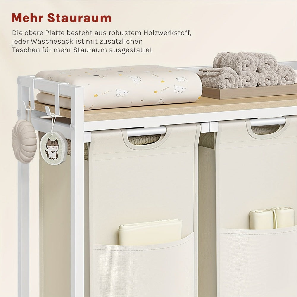 1pc Estante de baño, Cesta de almacenamiento, Cesta de lavandería 3 compartimentos, Colector de lavandería con marco de metal y estantes, Bolsa de lavandería de tela expandible y removible, Cubo de lavandería para clasificar la ropa Blanco, Cestas de lava