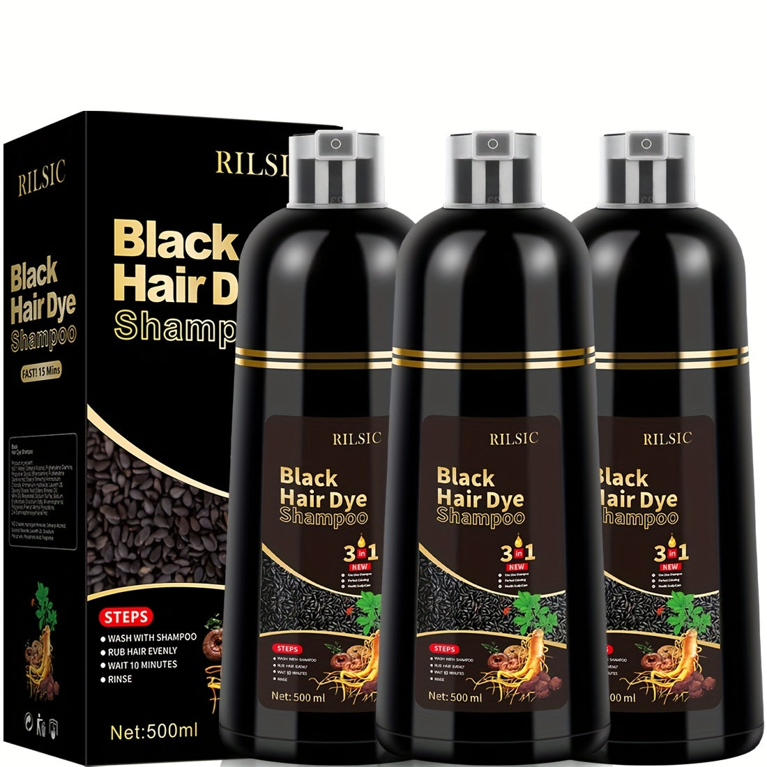 Set de Navidad Imprescindible: 3 Champú Tintorero, 3 en 1, Apto para Hombres y Mujeres, Tinte Instantáneo, 100% Cobertura de Canas, Resultados en Minutos, Para Ambos Sexos, Ingredientes Naturales, Fórmula Sin Amoniaco, Larga Duración 30 Días