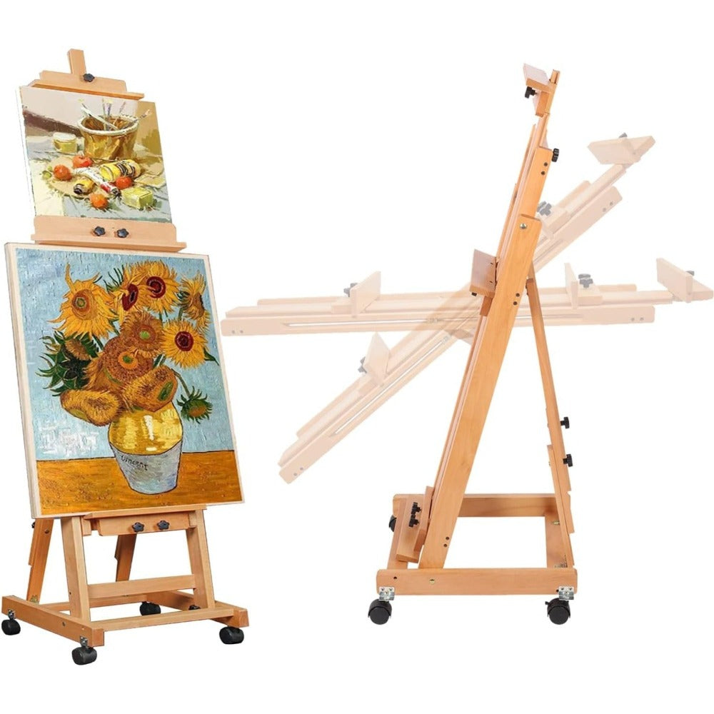 Caballete de gran tamaño de alta resistencia con estructura en H para adultos - Soporte de artista plegable con ruedas y altura ajustable con base de madera, sostiene 1 o 2 lienzos de hasta 240 cm, caballete de pintura portátil para estudio, exhibición al