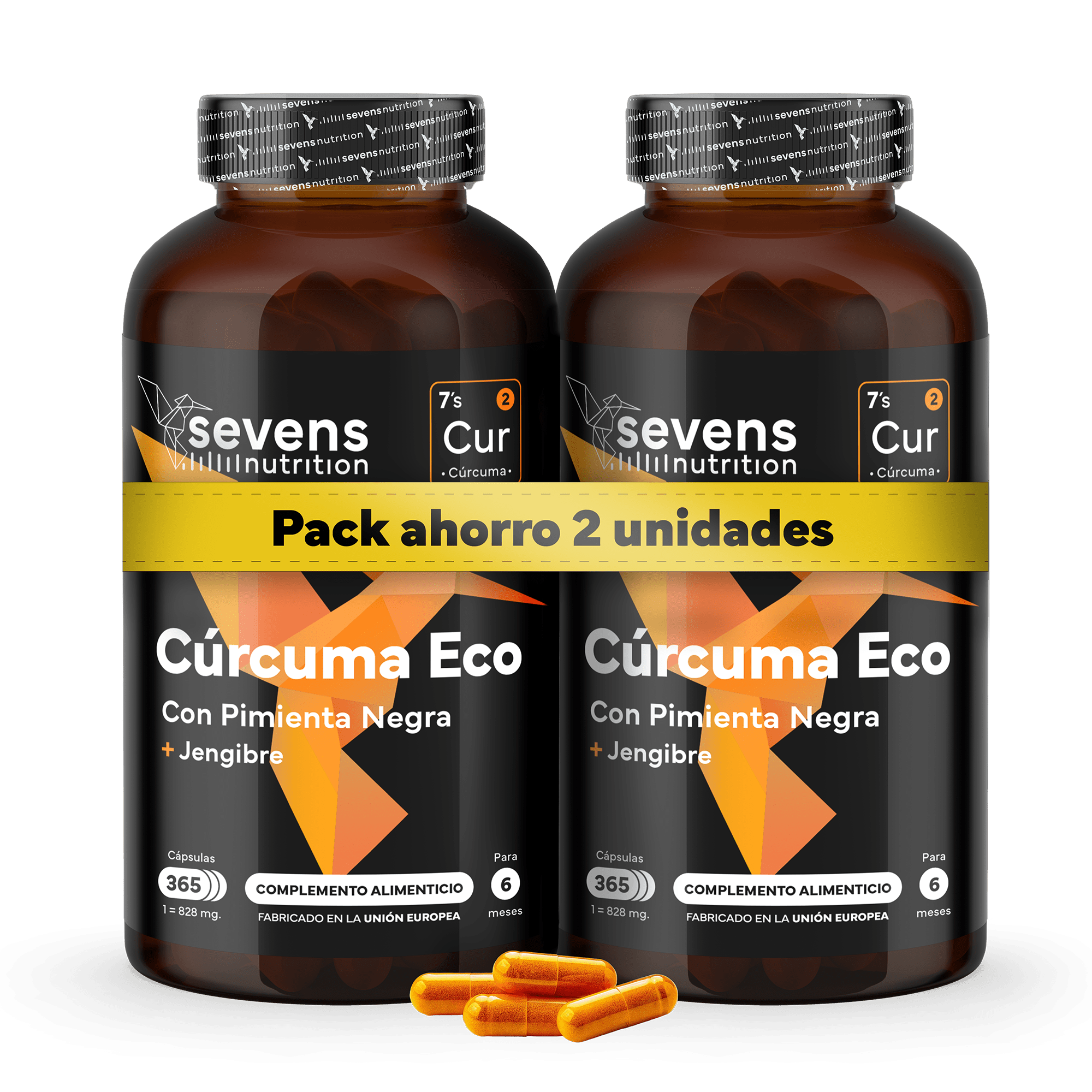 Pack 2x Cúrcuma ECO con Jengibre y Pimienta Negra – 1410 mg por dosis – 730 Cápsulas Veganas – Formato Ahorro XL – Sevens Nutrition