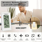 1 pieza GEEVON Medidor de temperatura sin varillas digital para interior y exterior con hora, máxima, mínima, monitor de temperatura con medición de 200 pies/60 m, medidor de temperatura ambiente sin batería, servidor sin función de transmisión