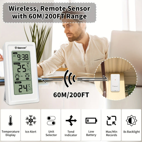 1 pieza GEEVON Medidor de temperatura sin varillas digital para interior y exterior con hora, máxima, mínima, monitor de temperatura con medición de 200 pies/60 m, medidor de temperatura ambiente sin batería, servidor sin función de transmisión