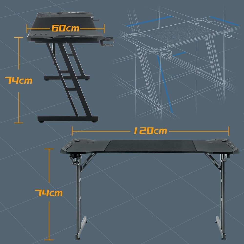 Mesa Gaming Mesa Gaming Escritorio Negro Tapa de Fibra de Carbono Mesa de Ordenador Gamer Mesa de PC Ergonómica con Agujero para Cables