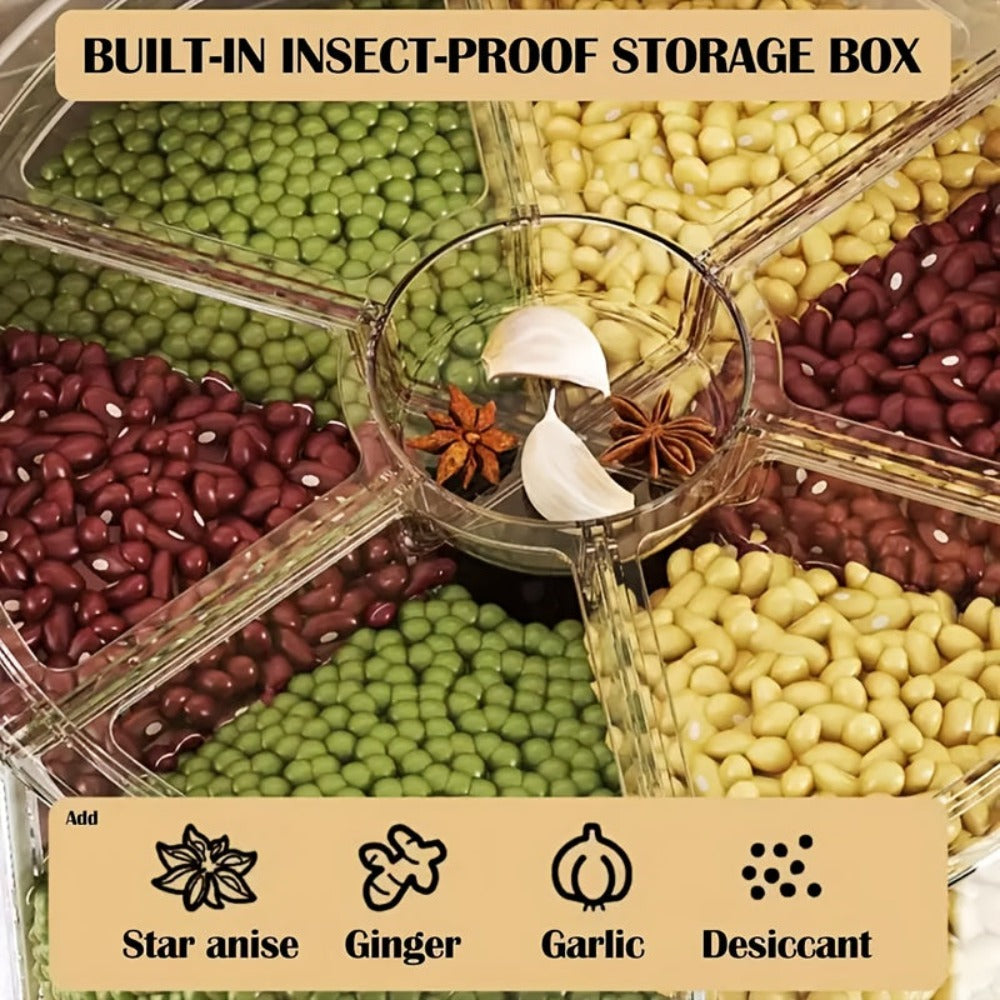 Dispensador de granos giratorio, sellado para cocina, a prueba de insectos y humedad, contenedor de almacenamiento de cereales enteros, cubo de arroz doméstico con seis compartimentos grado alimenticio