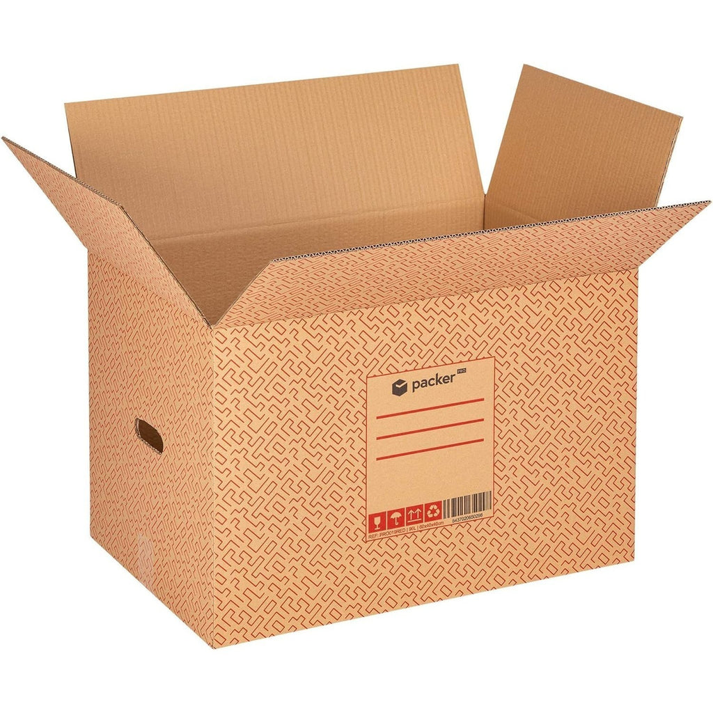 Caja Cartón para Mudanzas y Almacenaje Ultra Resistentes con Asas, Fabricadas en Cartón Duro, Ideal para Mudanzas o Almacenaje de Libros y Ropa, Transporte Cómodo y Seguro gracias a las Asas Laterales - packer PRO