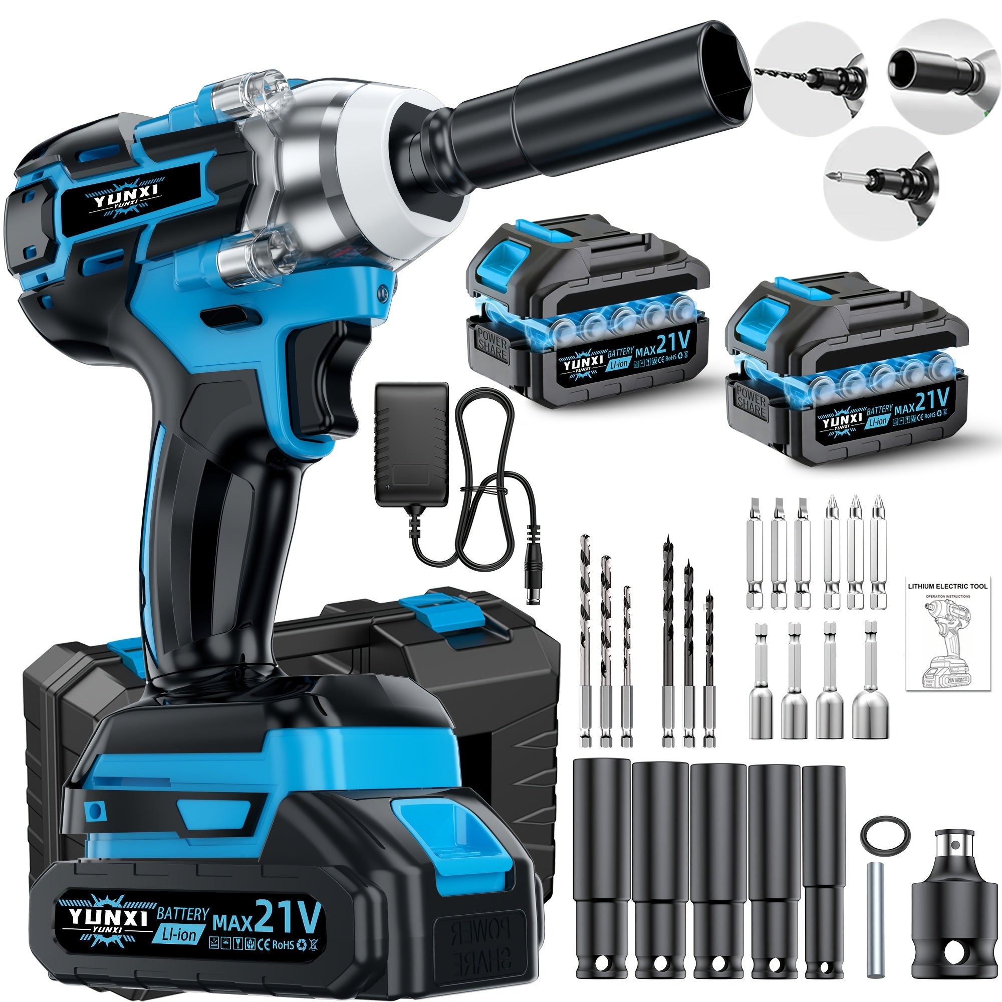 Llave de impacto eléctrica sin escobillas de alto torque, llave inalámbrica con batería de litio, kit eléctrico multifuncional opcional, agarre ergonómico, herramienta profesional portátil, adecuada para reparación de automóviles y juego de herramientas p