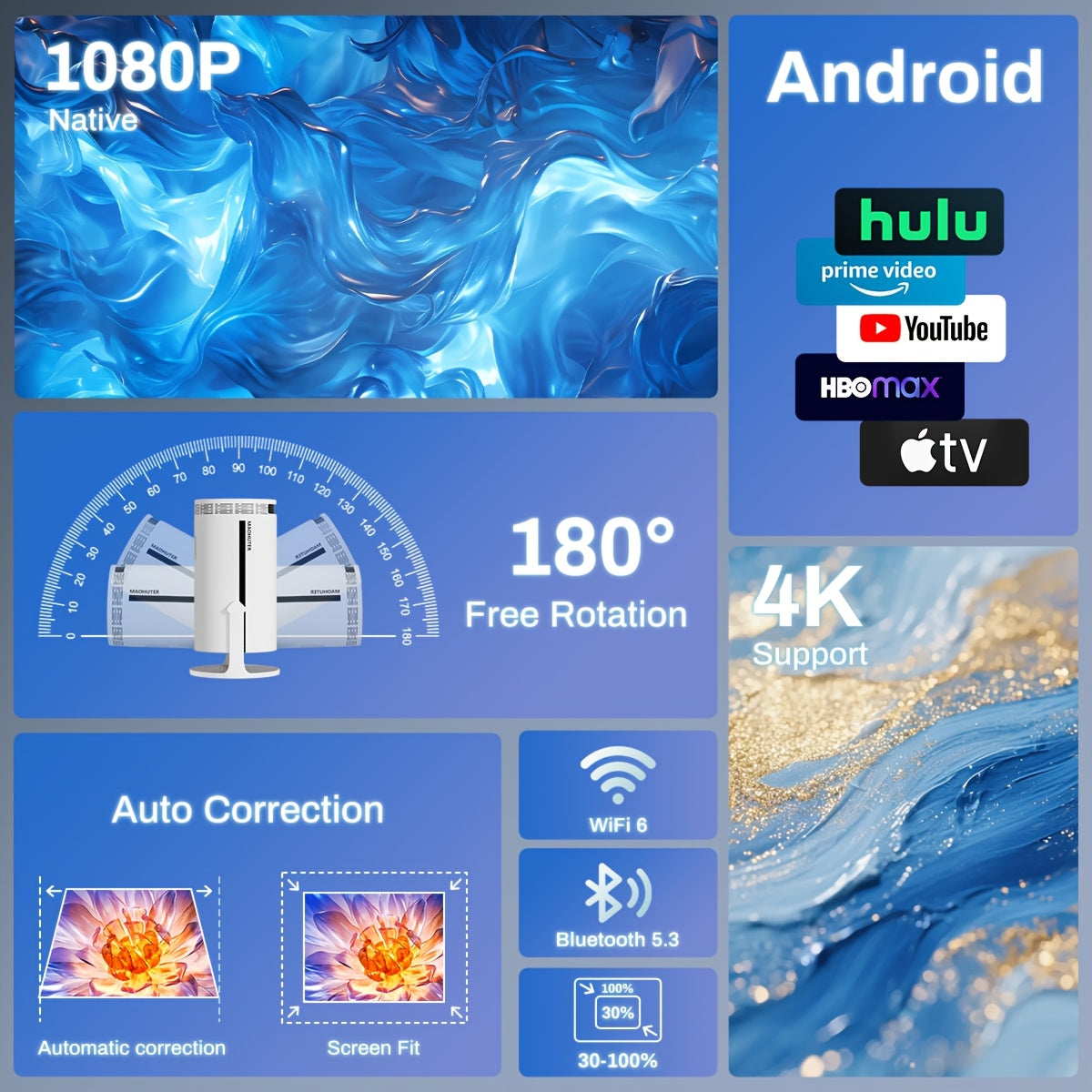 Proyector | Proyector Mini K10 Pro Compatible con Smartphones/Tabletas/Portátiles Android, Proyector Portátil con WIFI 6, Soporte 4K y Resolución