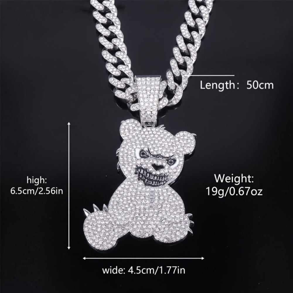1pc Colgante de Oso Teddy Dominante y Fresco, Acompañado de Collar Cubano de Zirconia Cúbica Sintética de 50cm, Uso Diario Urbano, Joyería Hip-hop, Accesorios para Fiestas, Adecuado para Hombres y Mujeres en Uso Diario y como Regalo