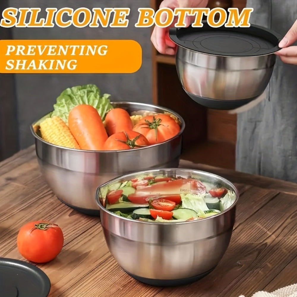 Juego de Tazones para Mezclar de Acero Inoxidable con Cubierta Sellada, Accesorio Rallador, Fondo Antideslizante - 26 piezas Tamaños 5QT, 4.5QT, 3QT, 2.5QT, 2QT, 1.5QT - Ideal para Mezclar y Servir