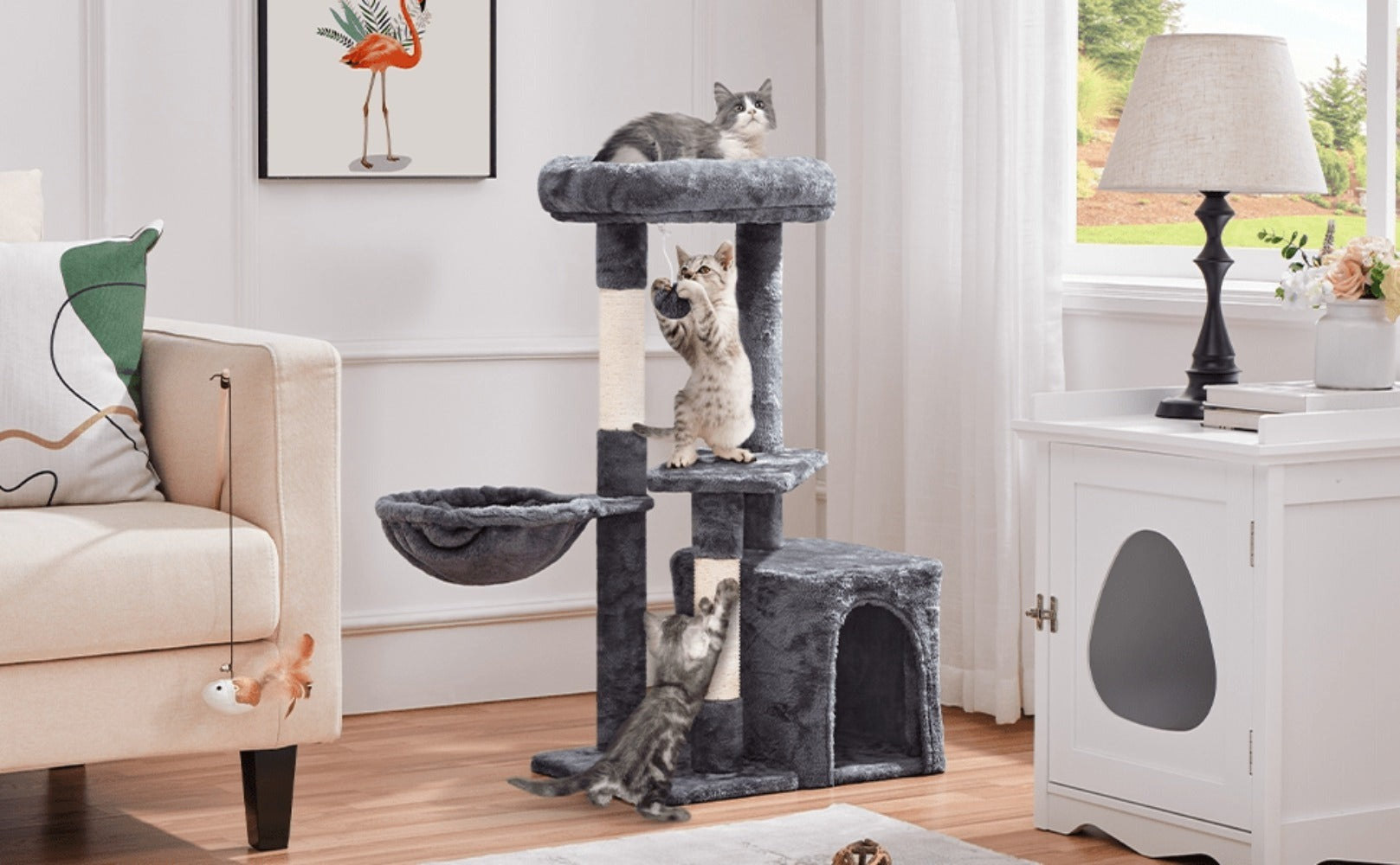 Costoffs Árbol de Gato con Plataforma de Altura de 87 Cm Árbol de Escalada con Cueva Cesta Postes de Sisal