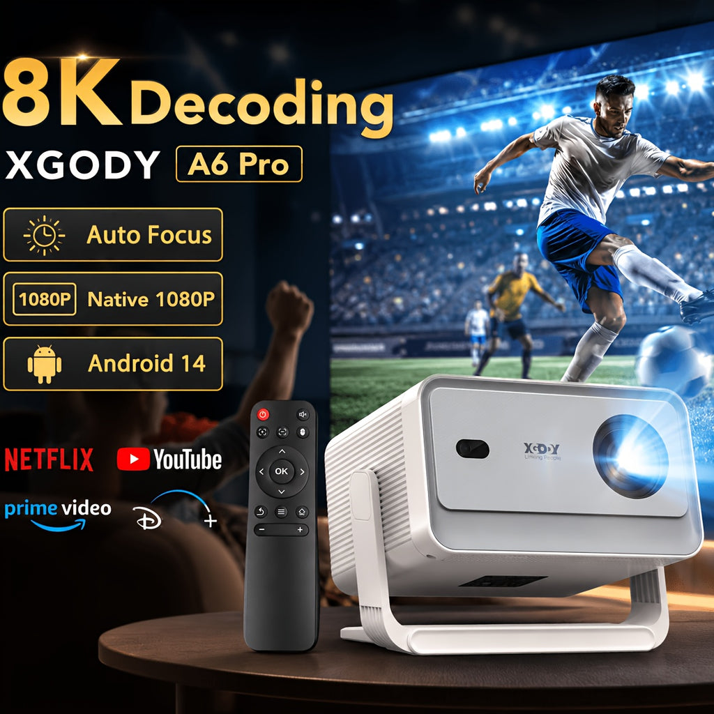 Proyector | Proyector XGODY Android 14, Decodificación Full HD 8K, Gimbal A6Pro Local 1080P, 550 ANSI Lúmenes, Autofocus y Corrección Keystone