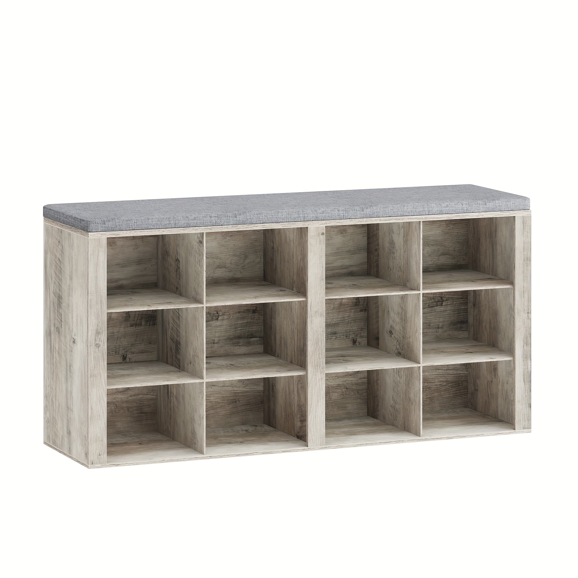 Banco para Zapatos, Estante con Asiento, Banco con Almacenamiento, Cojín, 12 Compartimentos, para Sala, Pasillo, Dormitorio, Blanco-Gris