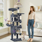 Árbol para Gatos, 159 cm con 8 Postes para Rascar, 3 Plataformas, 2 Cuevas, Cesta, Pelotas de Peluche, Cuerda de Sisal, Adecuado para Gatos de Varios Tamaños, Gris Oscuro