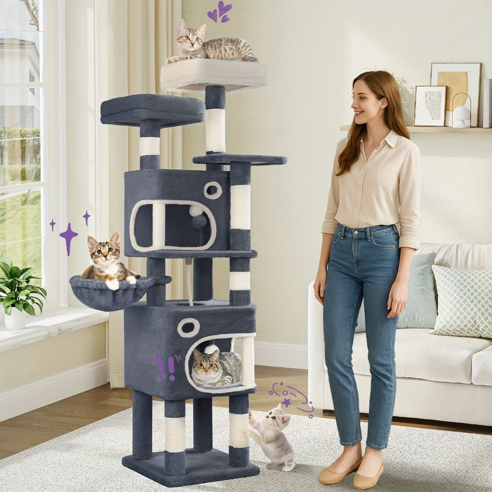 Árbol para Gatos, 159 cm con 8 Postes para Rascar, 3 Plataformas, 2 Cuevas, Cesta, Pelotas de Peluche, Cuerda de Sisal, Adecuado para Gatos de Varios Tamaños, Gris Oscuro